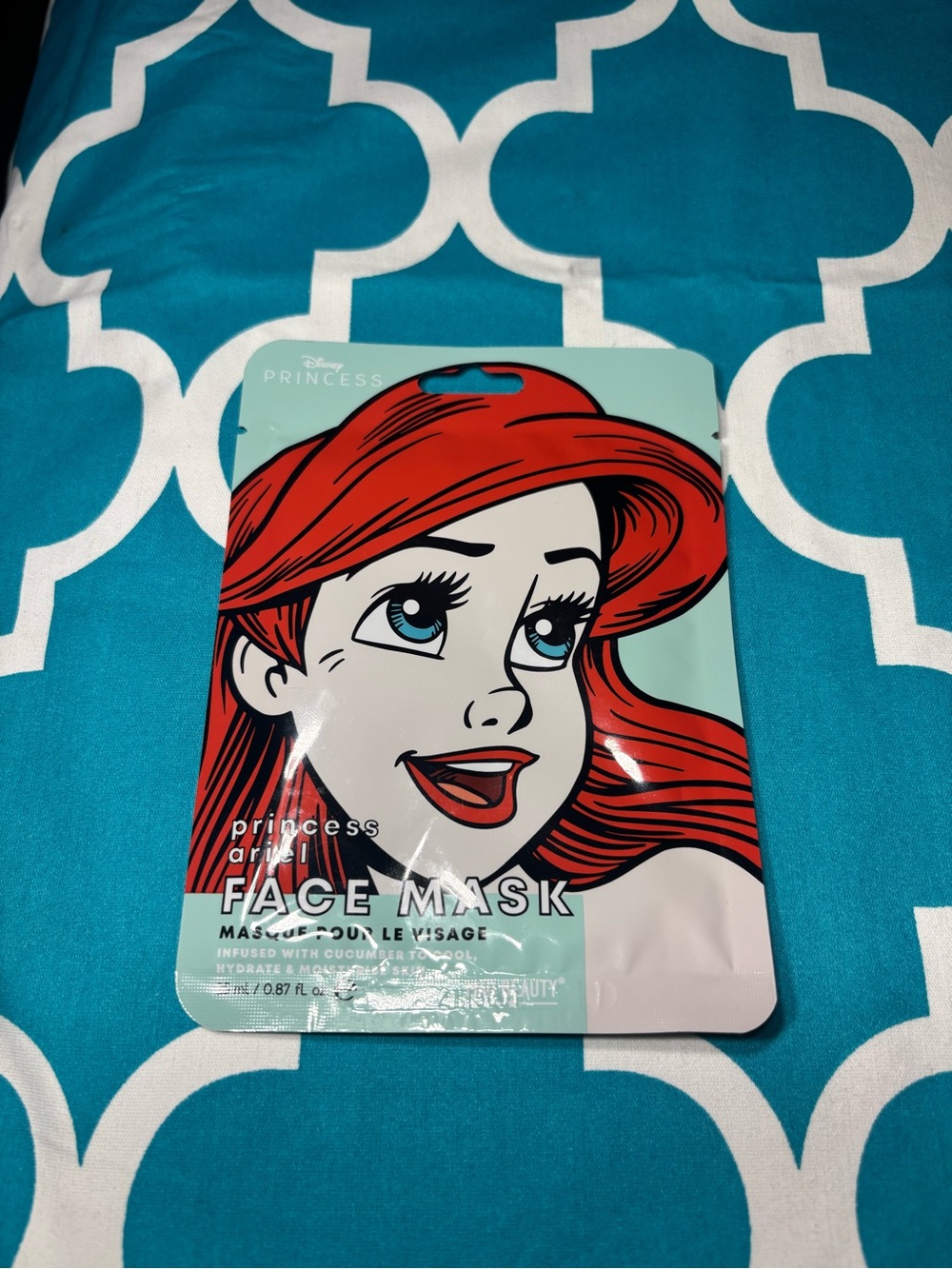 5 New Ariel Princess Face Mask Sheet Pack - Red Hair, Aqua Background
